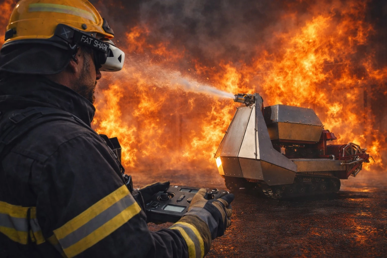Firefighter remotely controlling a fire fighting robotic system