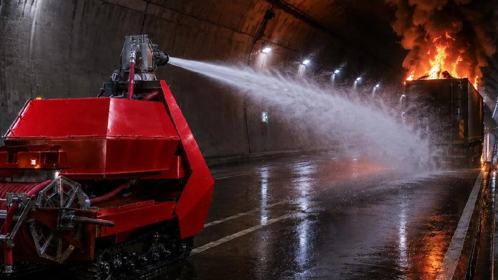 Fire fighting robot applying water inside a tunnel environment