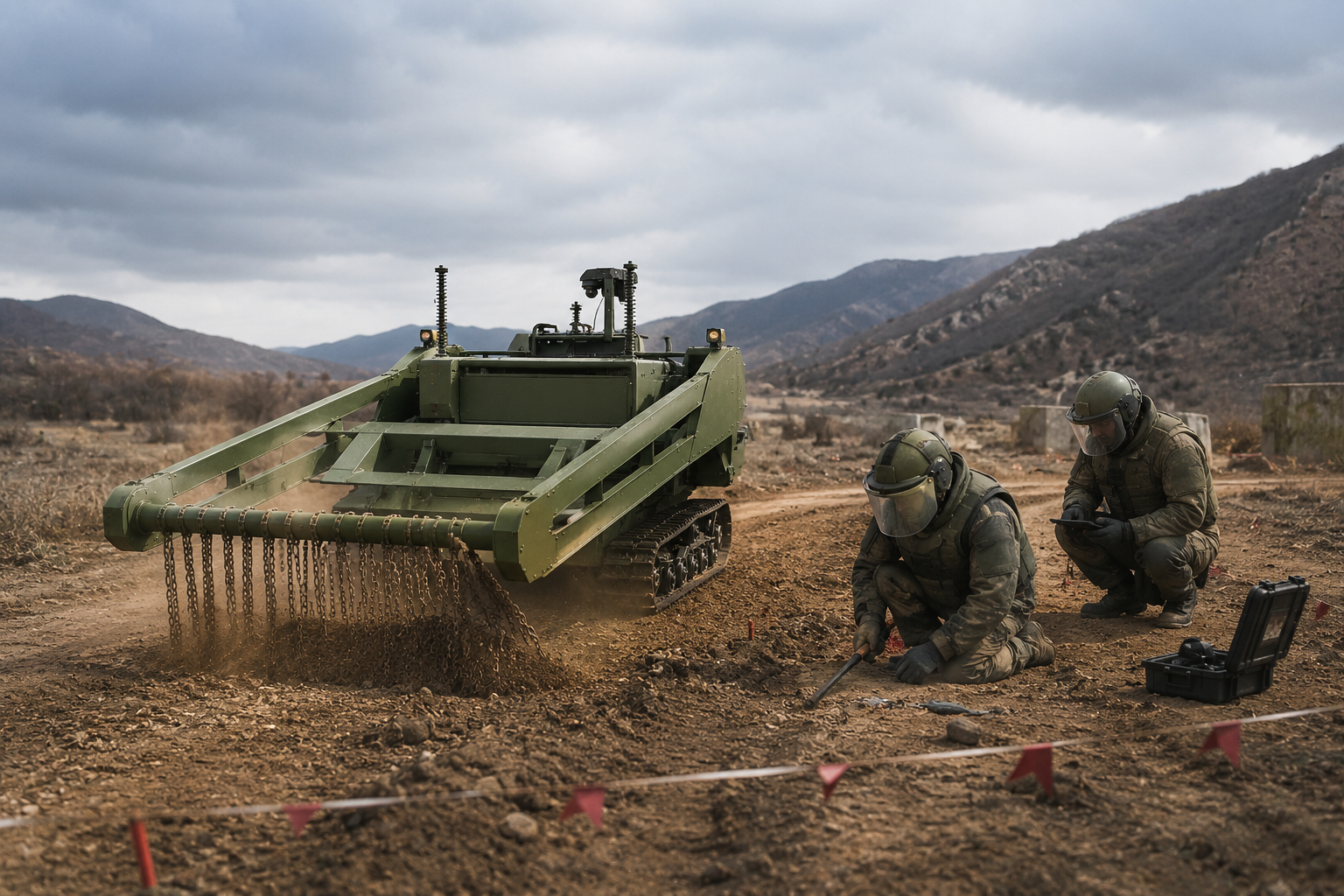 DeMiner system operating while two military engineers work nearby in a marked hazardous zone