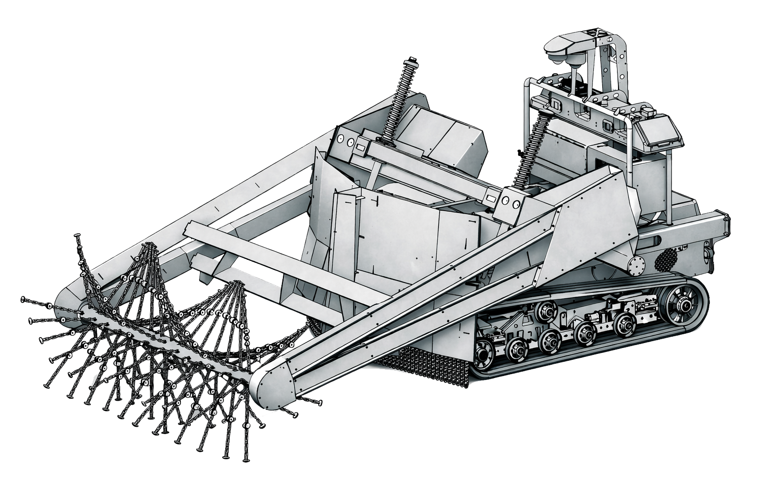 Technical render of the DeMiner platform showing engineering structure and flail configuration