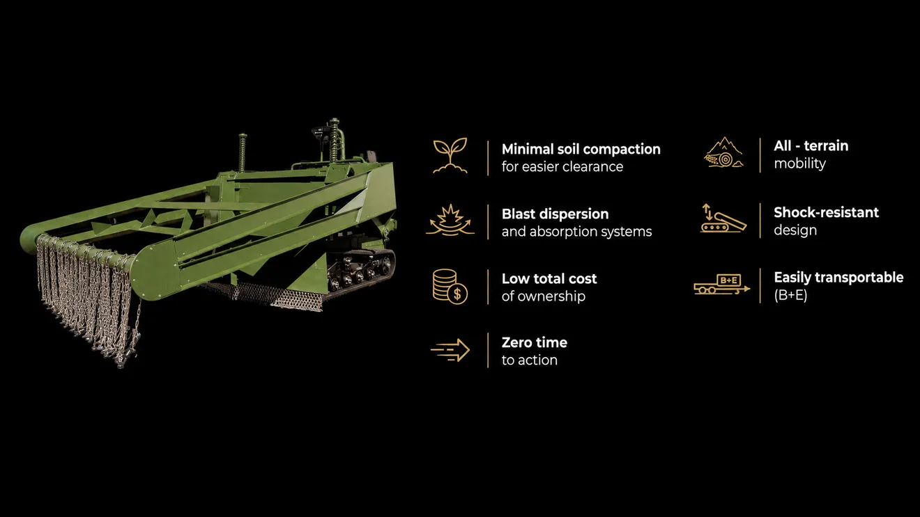 DeMiner system benefits infographic with blast resistance, low soil compaction and transportability