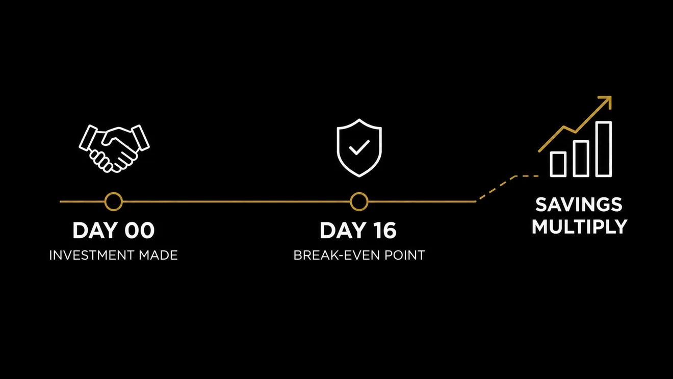 Break-even timeline showing investment day 00, day 16 and multiplying savings