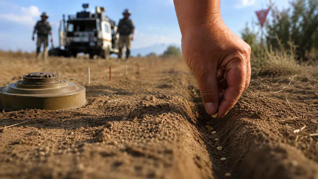 Minefield beside agricultural soil representing land recovery after demining