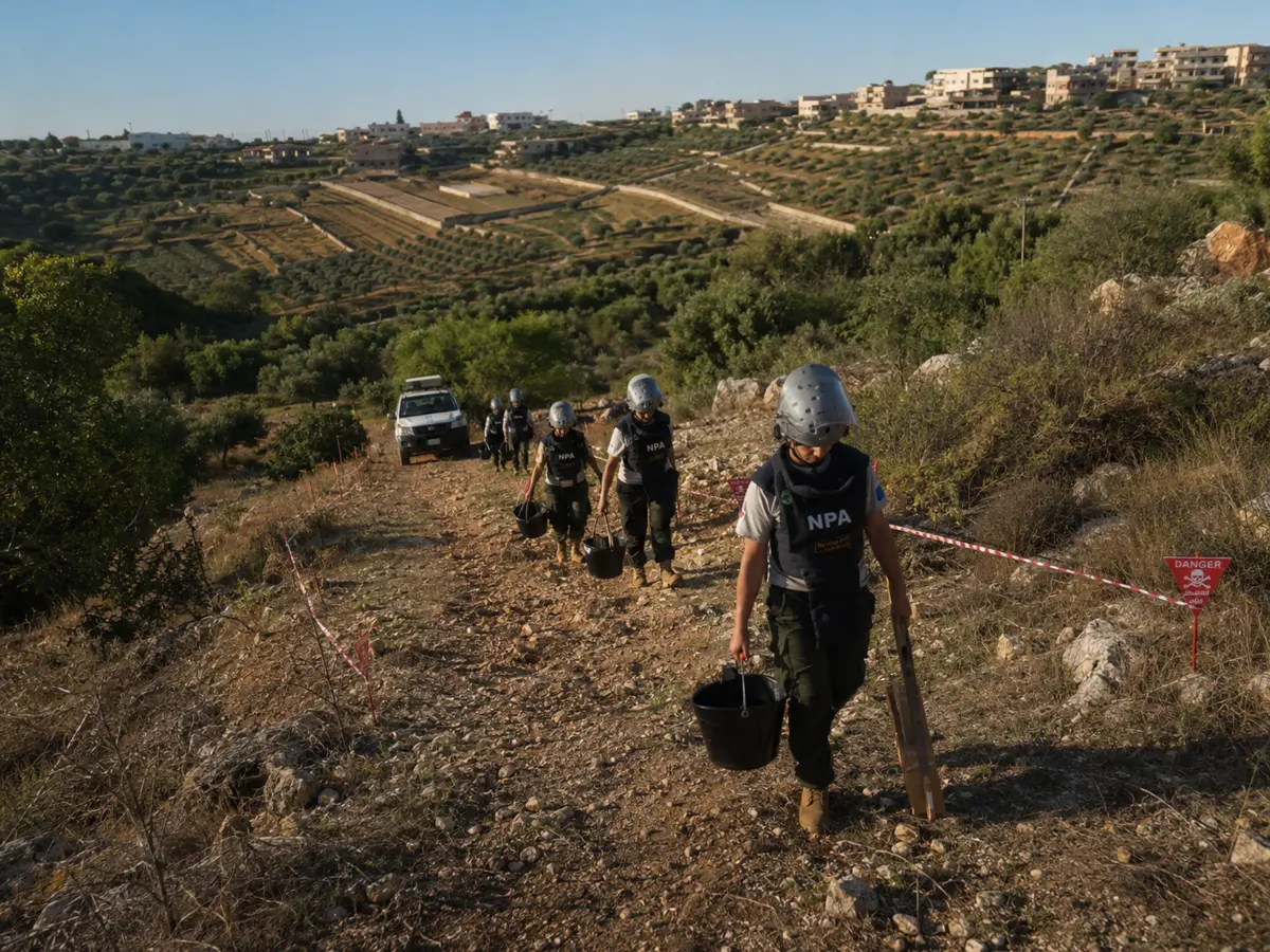 Humanitarian demining team walking through marked terrain