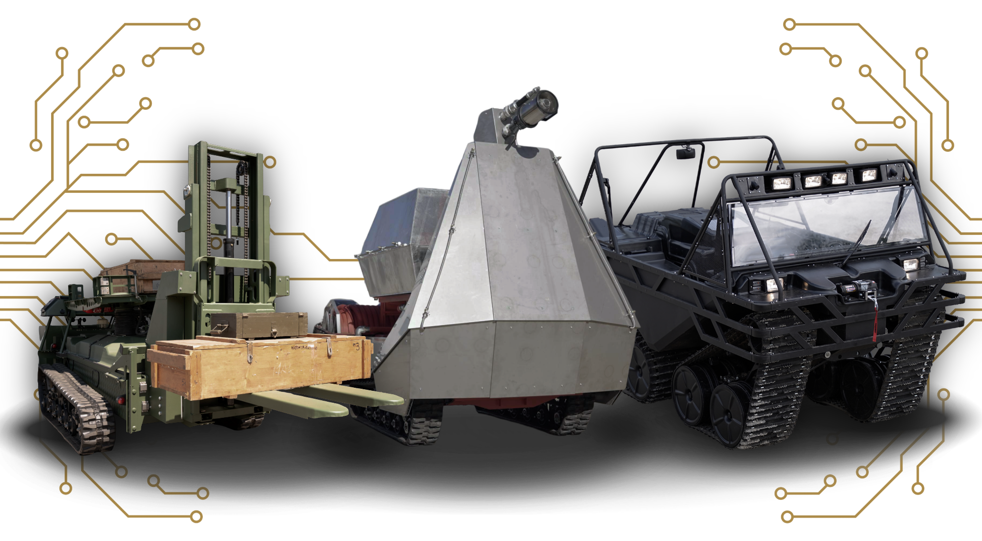 Composition of Pek Defence Vehicles. From left to right: Logistic Unmanned Ground Vehicle, Firefighting Robotic System, Vanquisher